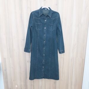 Vintage Women Denim Midi Dress M Blue Long Sleeve Button Front Western Americana